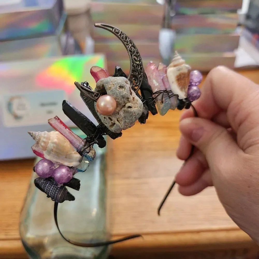 Siren Crown Pink/Blue & Black Crystal Quartz with Stone, Shell, Pearls, Moon!